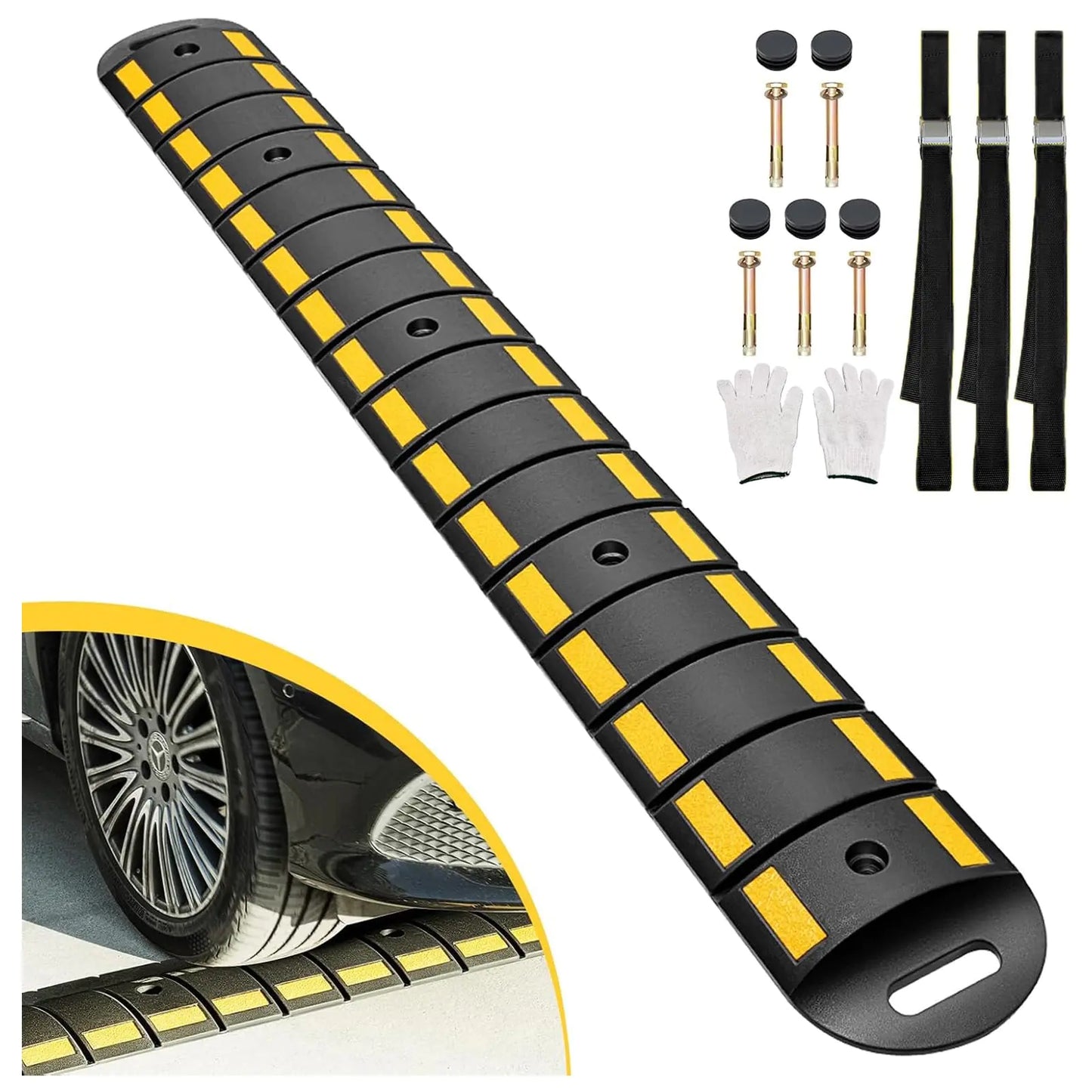 CXRCY Rubber Speed Bump 6.4FT Portable Speed Bumps Heavy Duty Speed Bump for Driveway Asphalt Vehicle Traffic Road Concrete Garage Gravel Roads with 5 Bolts & 3 Straps (76.7 x 9 x 1.77 Inch)
